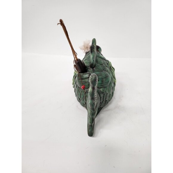 Vintage Large Ceramic Green Fish Statue Camo Hat Fishing Pole Kitschy Whimsical - Picture 7 of 9